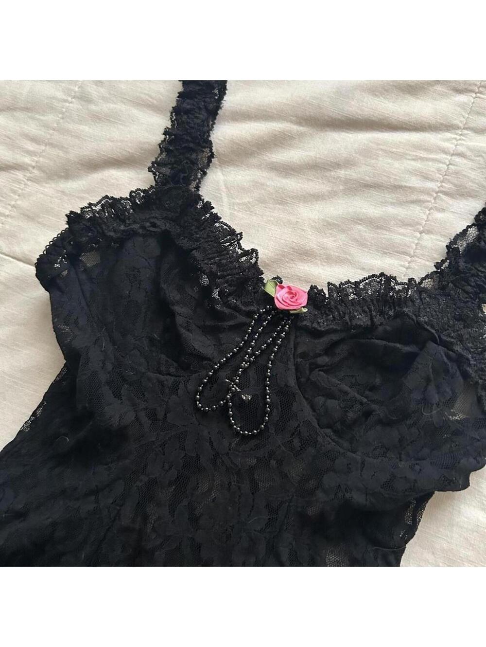 Black lace babydoll dress with pink rose and beaded details Size small - Picture 2 of 8